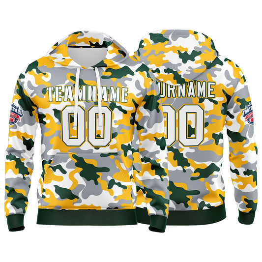 Benutzerdefinierter Sweatshirt-Hoodie für Mann, Frau, Mädchen, Junge. Drucken Sie Ihr Logo, Ihren Namen und Ihre Nummer Dunkelgrün-Gelb