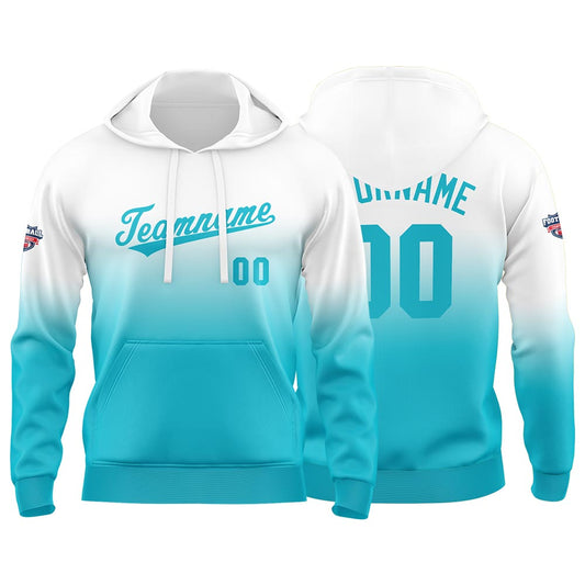 Benutzerdefinierter Verlauf Hoodie für Mann, Frau, Mädchen, Junge. Drucken Sie Ihr Logo, Ihren Namen und Ihre Nummer Blau Weiß