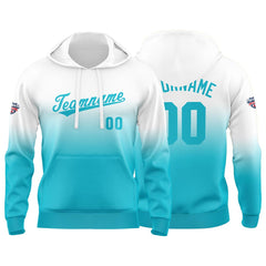Benutzerdefinierter Verlauf Hoodie für Mann, Frau, Mädchen, Junge. Drucken Sie Ihr Logo, Ihren Namen und Ihre Nummer Blau Weiß