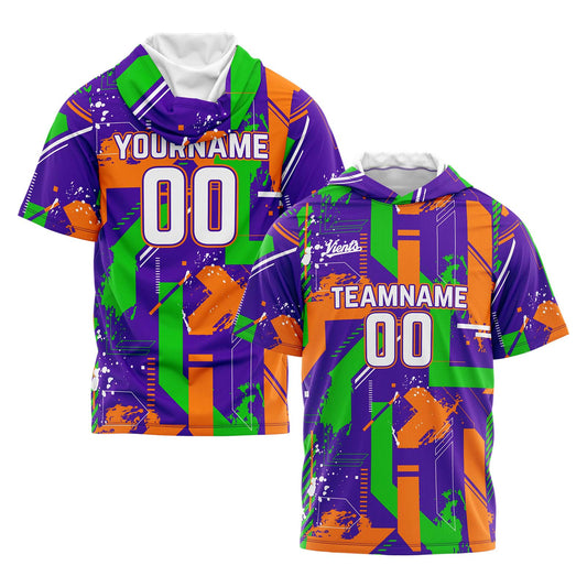 Benutzerdefinierte Lila Orange Kurzarm-Kapuzenpullover für Männer Frauen Hemden mit Kapuzen gedruckt Name Logo