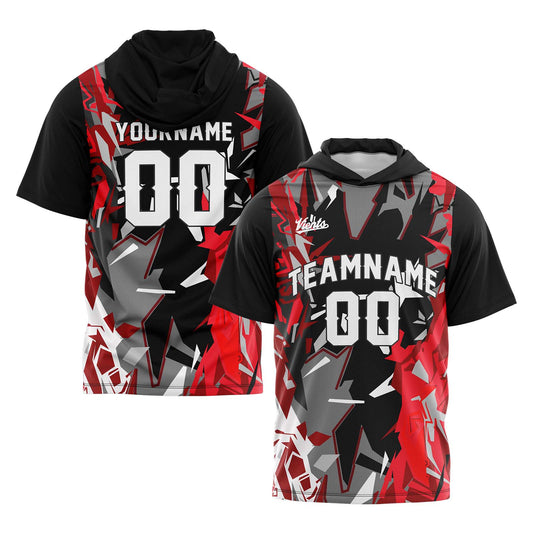 Benutzerdefinierte Schwarz Rot Kurzarm-Kapuzenpullover für Männer Frauen Hemden mit Kapuzen gedruckt Name Logo