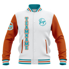 Benutzerdefiniert Weiß Orange Teal Wasserdichte Varsity Jacken Personalisiert genäht Name Nummer Logo zu Letterman Jacken
