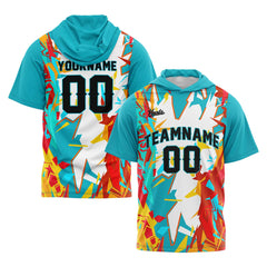 Benutzerdefinierte Aqua Kurzarm-Kapuzenpullover für Männer Frauen Hemden mit Kapuzen gedruckt Name Logo