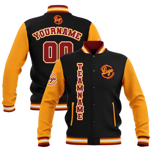 Benutzerdefiniert Schwarz Gelb Rot Wasserdichte Varsity Jacken Personalisiert genäht Name Nummer Logo zu Letterman Jacken