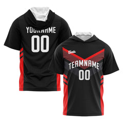 Benutzerdefinierte Schwarz Rot Kurzarm-Kapuzenpullover für Männer Frauen Hemden mit Kapuzen gedruckt Name Logo