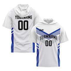 Benutzerdefinierte Weiß Blau Kurzarm-Kapuzenpullover für Männer Frauen Hemden mit Kapuzen gedruckt Name Logo