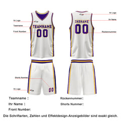 Benutzerdefinierte Weiß Lila Gelb Reversible Basketball Jersey Personalisierte Drucken Name Nummer Logo