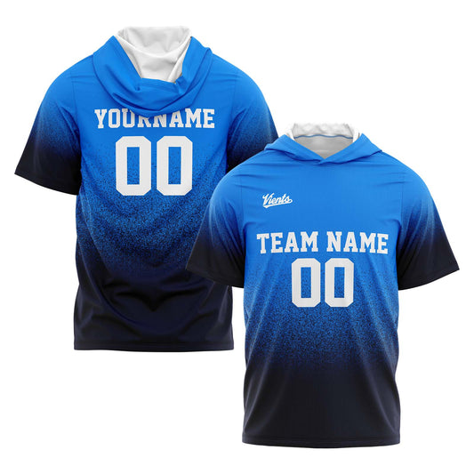 Benutzerdefinierte Blau Marine Kurzarm-Kapuzenpullover für Männer Frauen Hemden mit Kapuzen gedruckt Name Logo