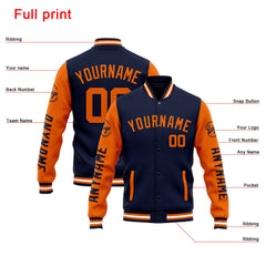 Benutzerdefinierte Varsity-Jacke. Letterman-Jacke für Männer, Frauen und Jugendliche Marine Orange