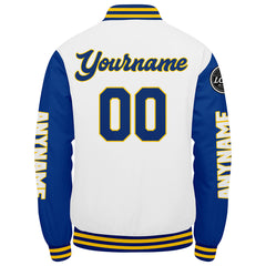 Maßgeschneiderte Königliche Weiß Gelb Letterman Varsity Jacket Individuelle Stickerei Druck nach Ihrem Wunsch