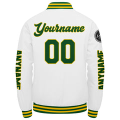 Maßgeschneiderte Grün Gelb Weiß Letterman Varsity Jacket Individuelle Stickerei Druck nach Ihrem Wunsch