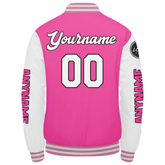 Maßgeschneiderte Rosa Weiß Letterman Varsity Jacket Individuelle Stickerei Druck nach Ihrem Wunsch