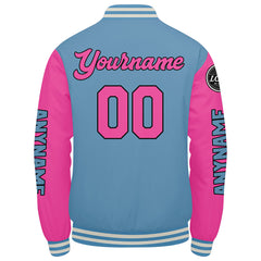 Maßgeschneiderte Hellblau Rosa Letterman Varsity Jacket Individuelle Stickerei Druck nach Ihrem Wunsch