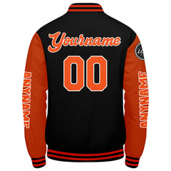 Maßgeschneiderte Schwarz Orange Letterman Varsity Jacket Individuelle Stickerei Druck nach Ihrem Wunsch