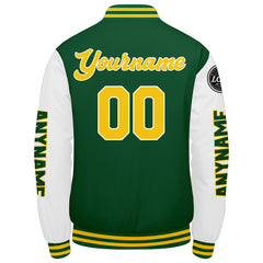 Maßgeschneiderte Grün Gelb Weiß Letterman Varsity Jacket Individuelle Stickerei Druck nach Ihrem Wunsch