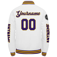 Maßgeschneiderte Lila Weiß Gelb Letterman Varsity Jacket Individuelle Stickerei Druck nach Ihrem Wunsch