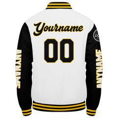 Maßgeschneiderte Schwarz Weiß Gelb Letterman Varsity Jacket Individuelle Stickerei Druck nach Ihrem Wunsch