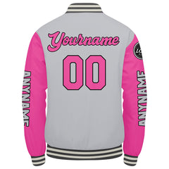 Maßgeschneiderte Grau Rosa Letterman Varsity Jacket Individuelle Stickerei Druck nach Ihrem Wunsch