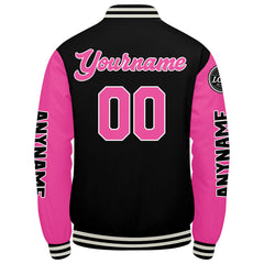 Maßgeschneiderte Schwarz Rosa Letterman Varsity Jacket Individuelle Stickerei Druck nach Ihrem Wunsch