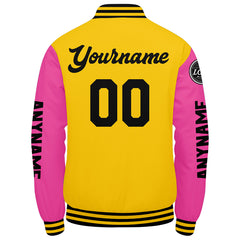 Maßgeschneiderte Gelb Rosa Schwarz Letterman Varsity Jacket Individuelle Stickerei Druck nach Ihrem Wunsch