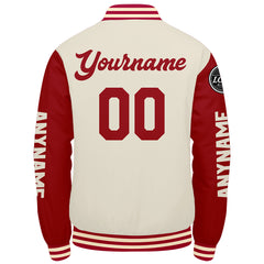 Maßgeschneiderte Rot Creme Letterman Varsity Jacket Individuelle Stickerei Druck nach Ihrem Wunsch