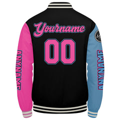 Maßgeschneiderte Schwarz Hellblau Rosa Letterman Varsity Jacket Individuelle Stickerei Druck nach Ihrem Wunsch