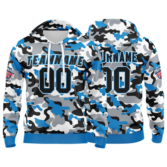 Benutzerdefinierter Sweatshirt-Hoodie für Mann, Frau, Mädchen, Junge. Drucken Sie Ihr Logo, Ihren Namen und Ihre Nummer Hellblau-Schwarz