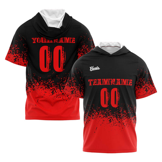 Benutzerdefinierte Schwarz Rot Kurzarm-Kapuzenpullover für Männer Frauen Hemden mit Kapuzen gedruckt Name Logo