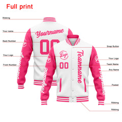 Benutzerdefinierte Varsity-Jacke. Letterman-Jacke für Männer, Frauen und Jugendliche Weiß Rosa