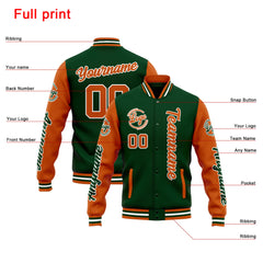 Benutzerdefinierte Varsity-Jacke. Letterman-Jacke für Männer, Frauen und Jugendliche Drak Grün Orange