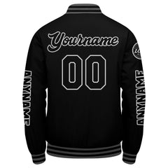 Maßgeschneiderte Schwarz Grau Letterman Varsity Jacket Individuelle Stickerei Druck nach Ihrem Wunsch