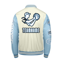 Maßgeschneiderte Weiß Blau Letterman Varsity Jacket Individuelle Stickerei Druck nach Ihrem Wunsch