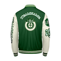 Maßgeschneiderte Grün Weiß Letterman Varsity Jacket Individuelle Stickerei Druck nach Ihrem Wunsch