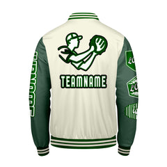 Maßgeschneiderte Weiß Militärgrün Letterman Varsity Jacket Individuelle Stickerei Druck nach Ihrem Wunsch