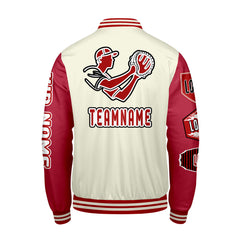 Maßgeschneiderte Weiß Rot Letterman Varsity Jacket Individuelle Stickerei Druck nach Ihrem Wunsch