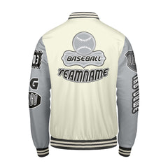 Maßgeschneiderte Grau Weiß Letterman Varsity Jacket Individuelle Stickerei Druck nach Ihrem Wunsch