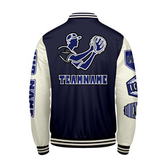 Maßgeschneiderte Marine Weiß Letterman Varsity Jacket Individuelle Stickerei Druck nach Ihrem Wunsch