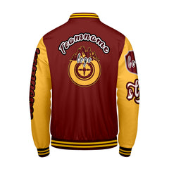 Maßgeschneiderte Rot Gelb Letterman Varsity Jacket Individuelle Stickerei Druck nach Ihrem Wunsch