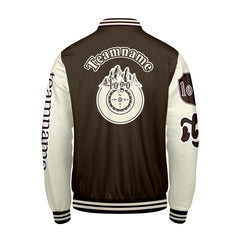 Maßgeschneiderte Braun Weiß Letterman Varsity Jacket Individuelle Stickerei Druck nach Ihrem Wunsch