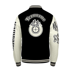 Maßgeschneiderte Schwarz Weiß Letterman Varsity Jacket Individuelle Stickerei Druck nach Ihrem Wunsch