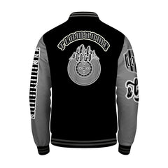 Maßgeschneiderte Schwarz Grau Letterman Varsity Jacket Individuelle Stickerei Druck nach Ihrem Wunsch