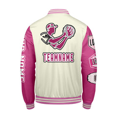 Maßgeschneiderte Weiß Rosa Letterman Varsity Jacket Individuelle Stickerei Druck nach Ihrem Wunsch