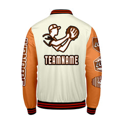 Maßgeschneiderte Weiß Orange Letterman Varsity Jacket Individuelle Stickerei Druck nach Ihrem Wunsch