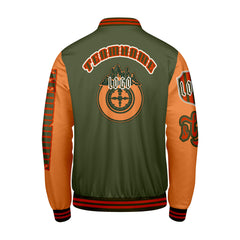 Maßgeschneiderte Grün Orange Letterman Varsity Jacket Individuelle Stickerei Druck nach Ihrem Wunsch