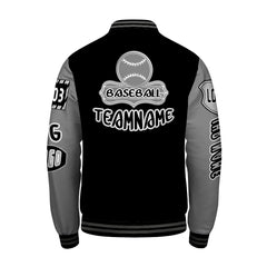 Maßgeschneiderte Schwarz Grau Letterman Varsity Jacket Individuelle Stickerei Druck nach Ihrem Wunsch