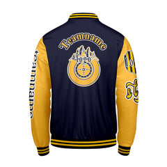 Maßgeschneiderte Marine Gelb Letterman Varsity Jacket Individuelle Stickerei Druck nach Ihrem Wunsch