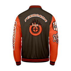 Maßgeschneiderte Braun Orange Letterman Varsity Jacket Individuelle Stickerei Druck nach Ihrem Wunsch