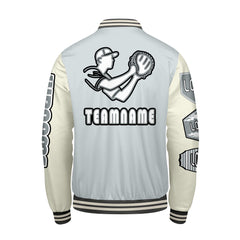 Maßgeschneiderte Grau Weiß Letterman Varsity Jacket Individuelle Stickerei  Druck nach Ihrem Wunsch