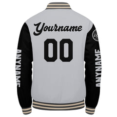 Maßgeschneiderte Grau Schwarz Creme Letterman Varsity Jacket Individuelle Stickerei Druck nach Ihrem Wunsch