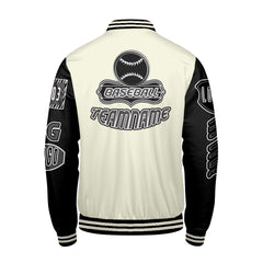 Maßgeschneiderte Schwarz Weiß Letterman Varsity Jacket Individuelle Stickerei Druck nach Ihrem Wunsch